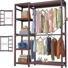 Homykic Bamboo Clothes Rack Garment Rack for Hanging Clothes, Heavy Duty Clothing Rack with 7 Tiers Adjustable Shelves, Double Rods, 4 Hooks, Freestanding Closet System Organizer Wardrobe, Espresso