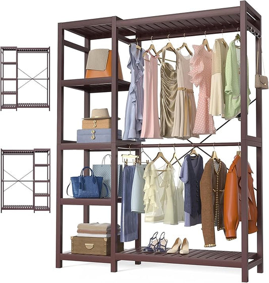 Homykic Bamboo Clothes Rack Garment Rack for Hanging Clothes, Heavy Duty Clothing Rack with 7 Tiers Adjustable Shelves, Double Rods, 4 Hooks, Freestanding Closet System Organizer Wardrobe, Espresso