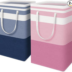 HomeHacks 2 Pack Large Laundry Baskets, Waterproof, Freestanding Laundry Hampers, Collapsible Clothes Hamper with Reinforced Handles in Laundry, College Dorm, Bathroom, Bedroom (Blue+Pink, 88Lx2)