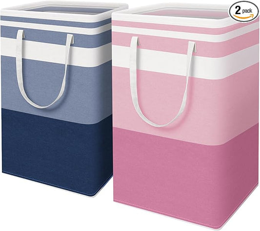 HomeHacks 2 Pack Large Laundry Baskets, Waterproof, Freestanding Laundry Hampers, Collapsible Clothes Hamper with Reinforced Handles in Laundry, College Dorm, Bathroom, Bedroom (Blue+Pink, 88Lx2)