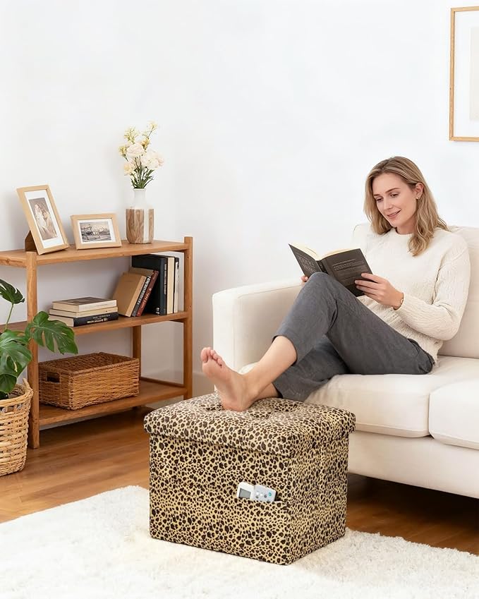 Storage Ottoman Foot Rest Stool, Small Velvet Storage Ottomans Bench, Folding Footstool with Side Pockets, Foot Rest Under Desk for Living Room Bedroom, 17x13x13 in, Leopard Print
