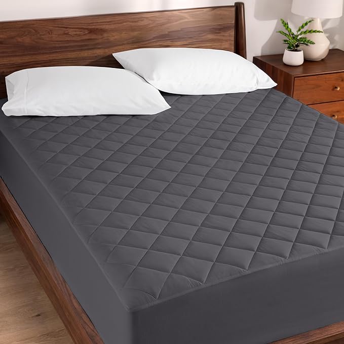 Bare Home King Quilted Fitted Mattress Pad - Cooling Mattress Cover - Easily Washable - Elastic Fitted Cover for Mattress - Stretch-to-Fit up to 15 Inches Deep (King, Grey)