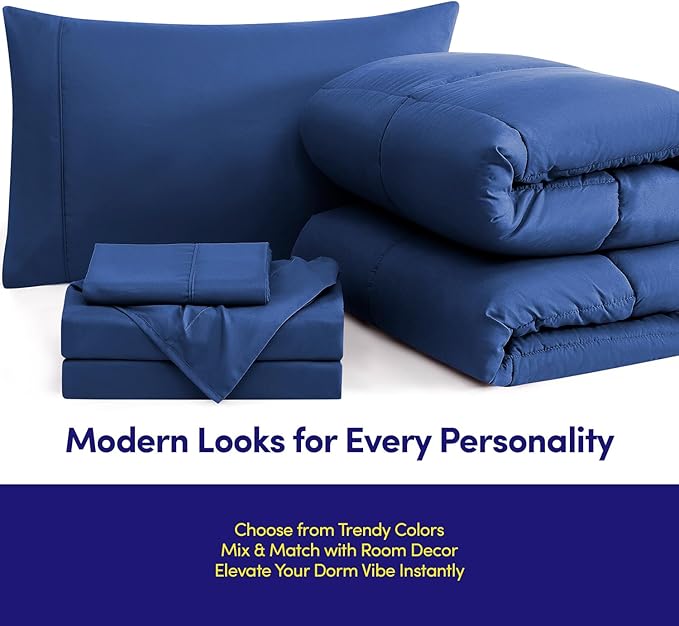 Dorm Room Essentials College Bedding Comforter Set 7 Piece Full Size Bed in a Bag for College Students Boys and Girls, Full, Royal Blue