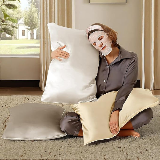 BHZ Beige Satin Goose Down Feather Pillows King Size with Pillowcase for Hair and Skin, Cooling Pillow Cases Similar to Silk Pillow Cases, Decorative for Women, Mom Men