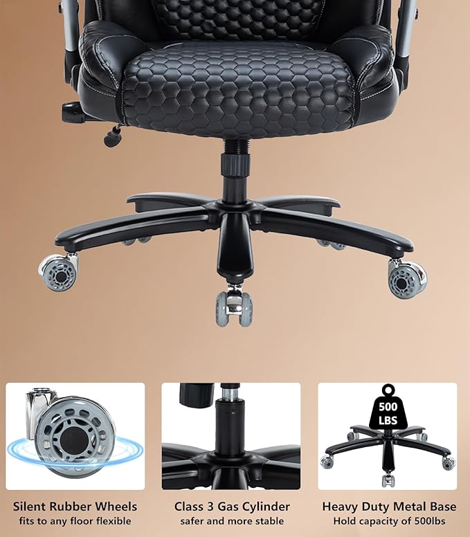 Office Chair Big and Tall 500lbs, Desk Chair Comfy, Oversized Computer Gaming Chair Extra Wide, Executive PU Leather Heavy Duty, Flip-Up Arm&Ergonomic Lumbar Support with Rubber Wheel