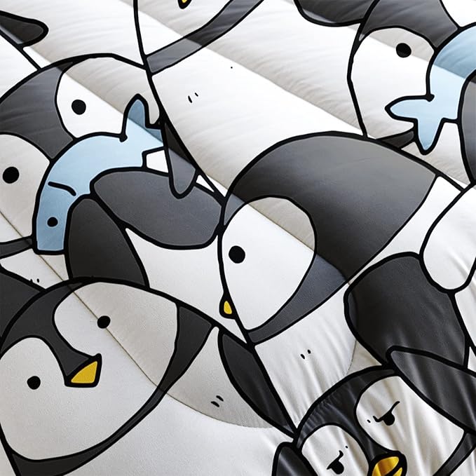 CVHOUSE Cartoon Penguin Bedding Set Twin Cute Animal Pattern Kids Teen Comforter Set 3 Pieces with 1 Comforter + 2 Pillow Cases Decor Comforter Set Cute Penguin Animal Pattern
