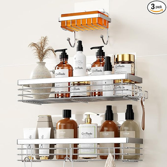 Orimade Adhesive Shower Caddy Soap Dish Holder Shelf with 5 Hooks Bathroom Organizer Basket Kitchen Storage Rack Wall Mounted No Drilling Stainless Steel - 3 Pack,Silver