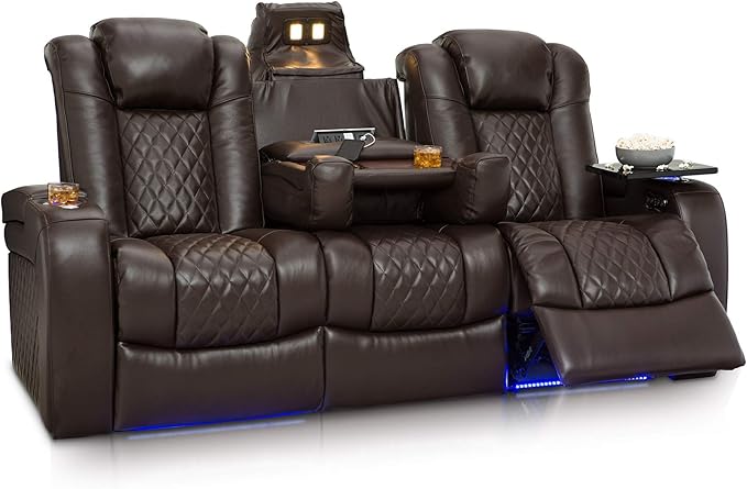 Seatcraft Anthem Italian Leather Sofa w/Fold-Down Table & Loveseat w/Storage Console, Living Room, Power Headrest, Power Recline, Brown