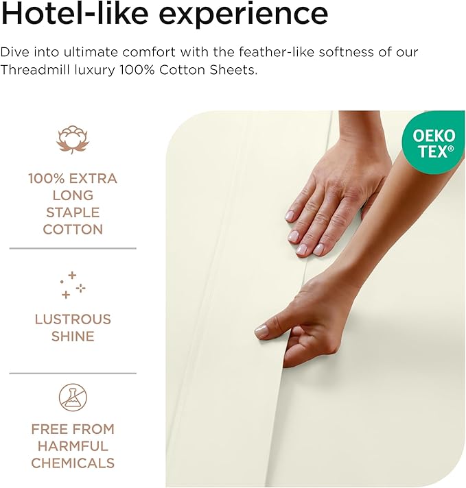 Threadmill 100% Cotton Sheets for Cal King Size Bed - 600 Thread Count Cal King Bed Sheets Set with 16” Deep Pocket - Sateen Weave 4-Piece Bedding Set with Cooling Effect, Ivory