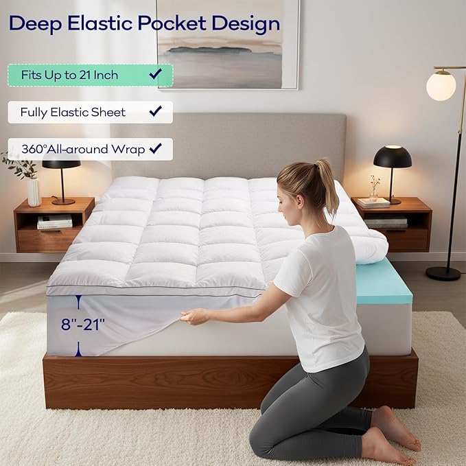OLANLY Dual-Layer 4 Inch Cal King Size Memory Foam Mattress Topper for Back Pain, 2 Inch Cooling Pillow Top Mattress Pad Cover and 2 Inch Gel Memory Foam Topper, Deep Elastic Pocket, White