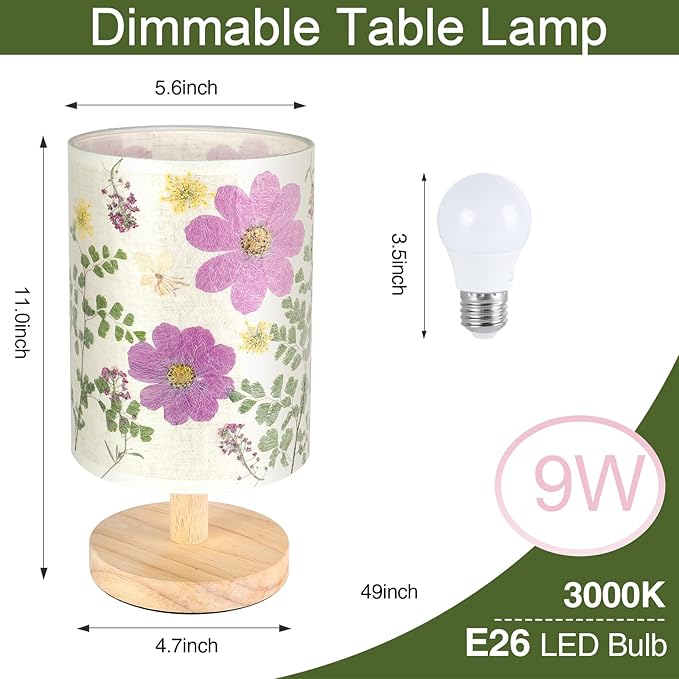 Dried Flowers Small Table Lamp 9W LED Dimmable Warm Light Pressed Flower Bedside Lamp Linen Shade with Wood Base for Bedroom Living Room Desk Nursery