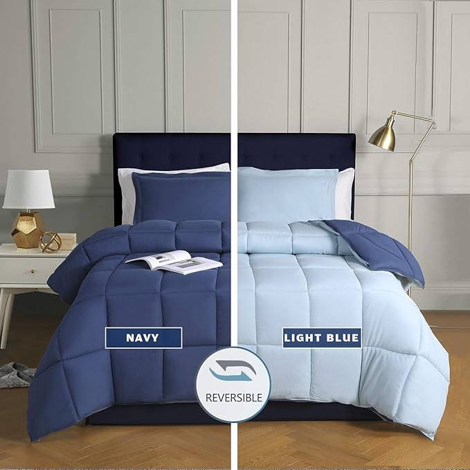 HIG 3pc Down Alternative Comforter Set - All Season Reversible Comforter with Two Shams - Quilted Duvet Insert with Corner Tabs - Box Stitched - Breathable, Soft (King/Cal King, Navy/Light Blue)