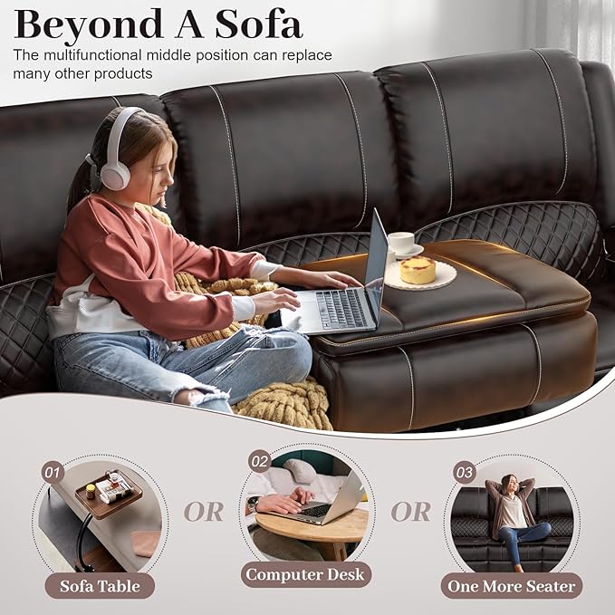 3-Seater Recliner Sofa, Manual Reclining Couch with Multi-Functional Middle Seat, Reclining Sofa for Living Room with Hidden Storage Space, Cup Holders, and Removable Console - PU Brown