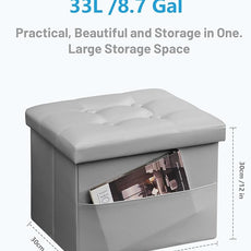 AmasSmile Storage Ottoman Folding Foot Rest Stool with Side Pocket, 16 inch Leather Footstool Bench, Short Ottoman Bench, Storage Foot Rest Store, Books, Grey