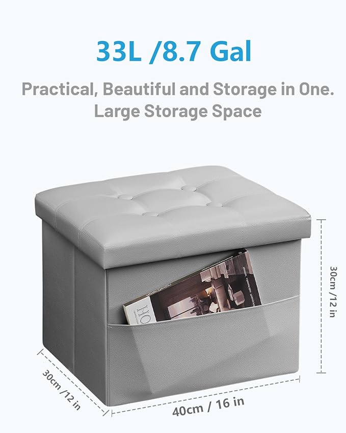 AmasSmile Storage Ottoman Folding Foot Rest Stool with Side Pocket, 16 inch Leather Footstool Bench, Short Ottoman Bench, Storage Foot Rest Store, Books, Grey