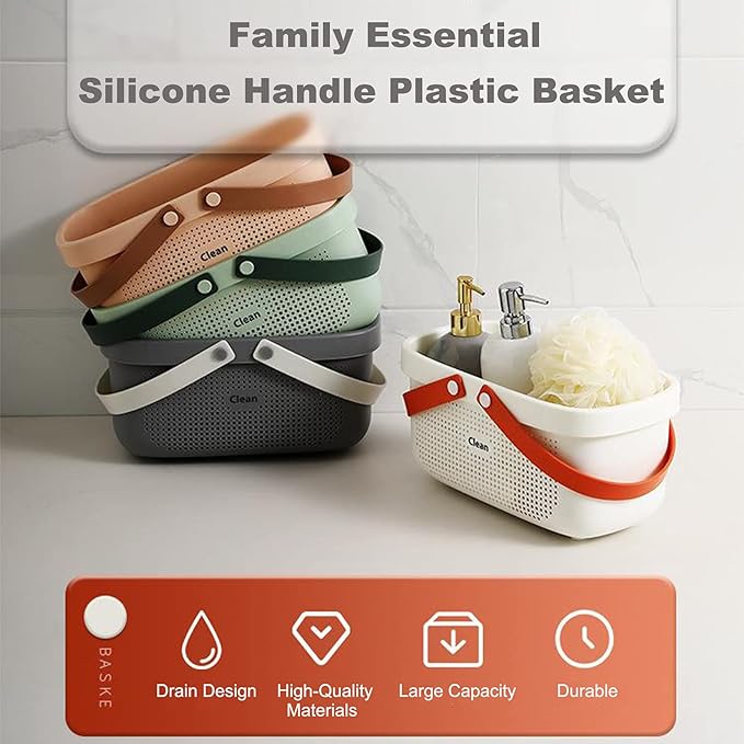 JiatuA Plastic Storage Basket with Handle Portable Shower Caddy Tote Organizer Basket Bin for Bathroom Kitchen Dorm Room Bedroom, Gray