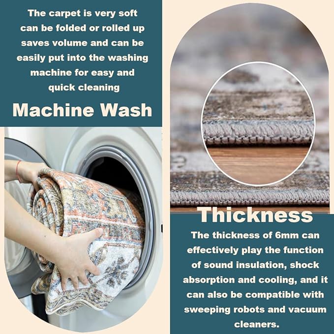 Area Rug 6'x9' Washable Vintage Traditional Floor Cover Thin Retro Kitchen Indoor Distressed Non Slip Carpet Floral Print Mat for Living Room Bedroom Dining Room