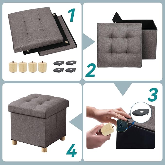 BRIAN & DANY Ottoman with Storage, Small Storage Ottoman for Dorm, Linen Folding Ottoman Foot Stool with Legs for Living Room and Bedroom, 15"x15"x15" - Brown