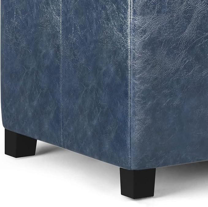 SIMPLIHOME Dover 36 inch Wide Contemporary Rectangle Storage Ottoman Bench in Denim Blue Vegan Faux Leather, Assembled, for the Living Room, Entryway and Family Room
