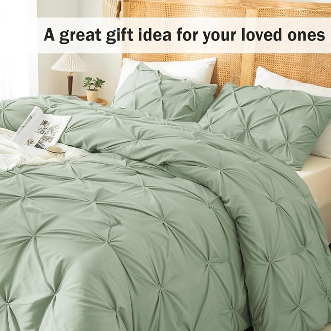 Andency Sage Green Comforter Full Size, 3 Pieces Solid Pintuck Western Boho Bedding Sets, All Season Soft Lightweight Cute Pinch Pleat Bed Set for Girls Women