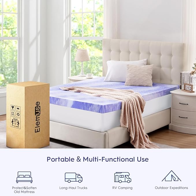 ELEMUSE 3 Inch Ventilated Design Memory Foam Cal King Size Mattress Topper,Cooling Gel Infused Swirl Foam Pad for Pressure Relief Back Pain,Bed Topper for Body Support, CertiPUR-US Certified