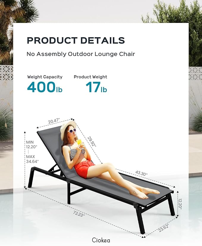 Patio Chaise Lounge Chair Set of 4, Foldable Lounge Chair for Outside, Aluminum Chairs with 5 Adjustable Backrest, Outdoor Pool Lounger for Poolside, Patio, Deck, Grey