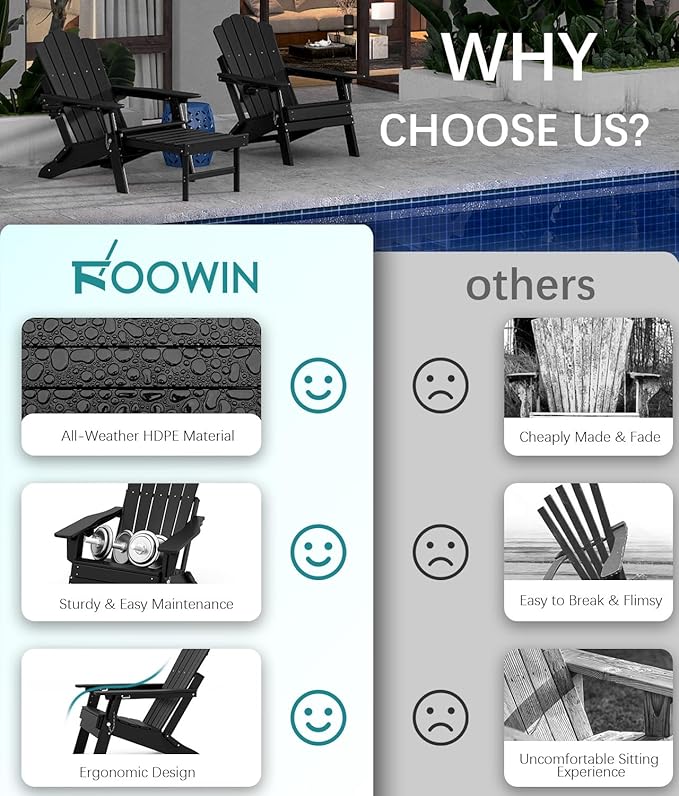 FOOWIN Adjustable Adirondack Chair with Retractable Ottoman, Folding Adirondack Chair with Cup Holder, HDPE All-Weather Fire Pit Chair for Patio, Yard, Poolside, Black