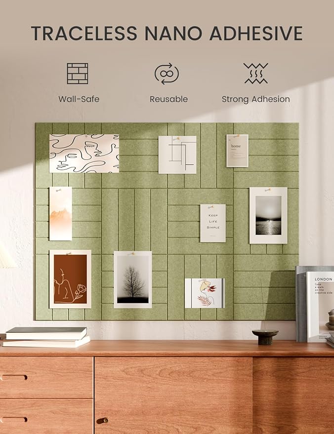 Bumusty Large Cork Board Alternative-47 x35 Felt Bulletin Board Tiles, with 30 Pushpins, 70 Adhesive Tabs, 12-Pack Slat Wall Paneling, Cork Boards for Office Push Pin Board Felt Board-Olive Green