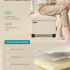 SONGMICS Storage Ottoman, Small Ottoman Foot Rest with Legs, 12.6 x 15.8 x 13.2 Inches Foot Stool, Load up to 660 lb, for Living Room, Bedroom, Dorm, Cream White ULSF012W01