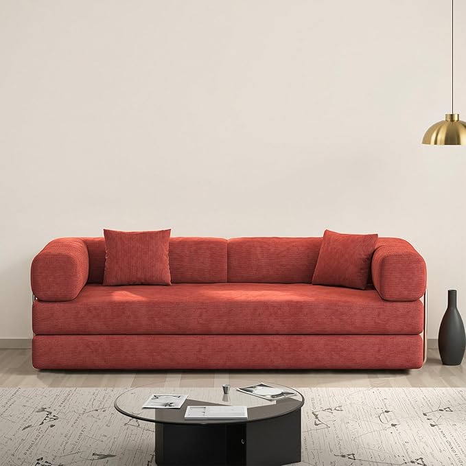 Antetek Convertible Futon Sofa Bed, 3-Seater Modern Corduroy Foam Floor King Size Bed Fold Out Sleeper Lounge Loveseat Sofa Couch with 2 Throw Pillows for Living Room Bedroom Guest Room, Tangerine