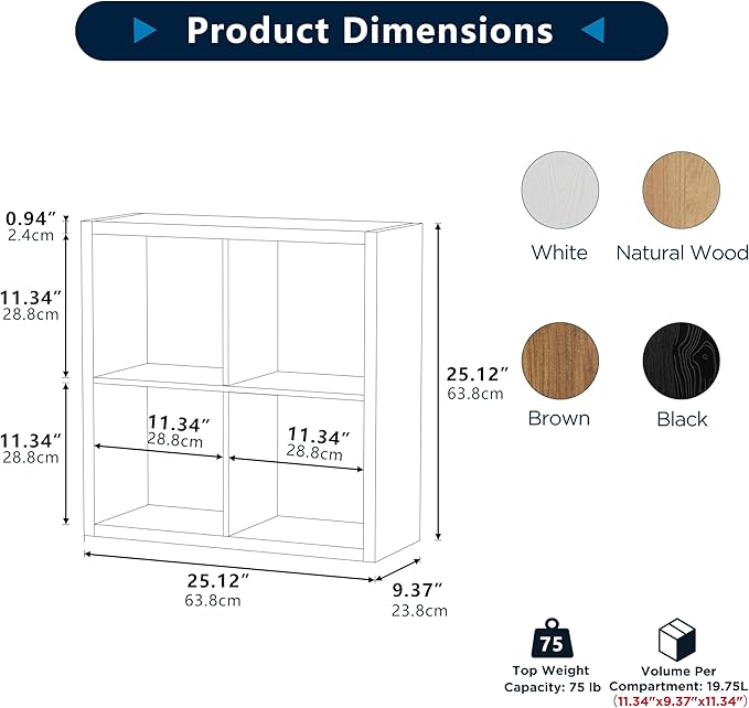 4 Cube Storage Organizer, 2x2 Cube Bookshelf, Cubby Storage Shelf, Wooden Organizer Shelf with Thickened Boards, for Closet Bedroom Home Office Living Room, 25.12" L x 9.37" W x 25.12" H, White