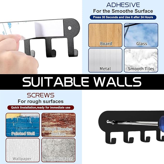 2 Pack Key Holder for Wall,Key Hooks with 8 Hooks,Key Rack for Wall No Drill for Living Room, Kitchen, Bathroom, Garage (Black)