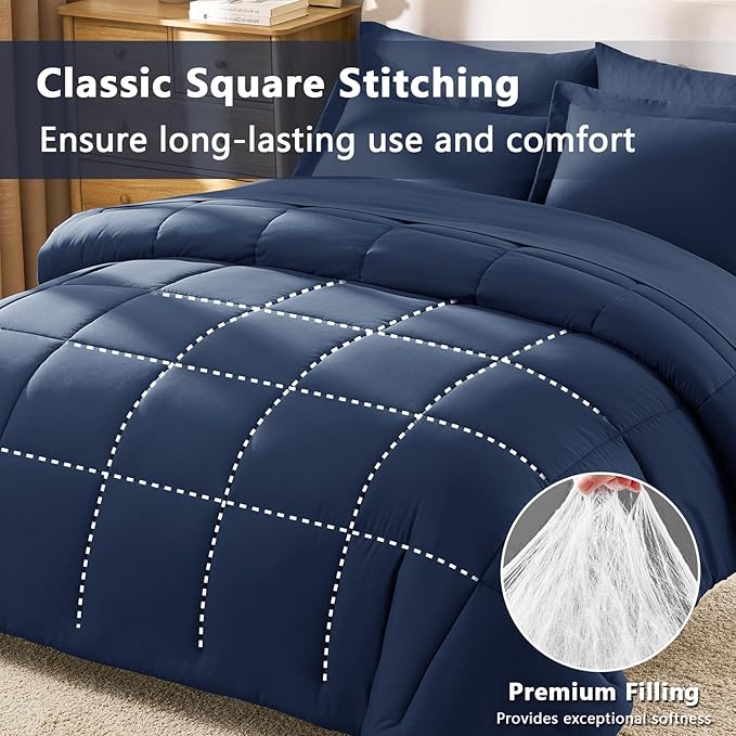 CozyLux Queen Comforter Set Navy Blue - 7 Pieces Bed in a Bag Queen, All Season Breathable Bedding Sets, Oeko-Tex Certified Bed Set with Down Alternative Comforter, Sheets, Pillowcases & Pillow Shams