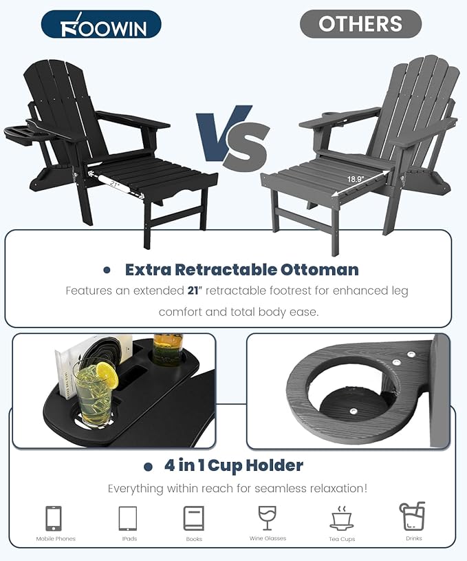 FOOWIN Folding Adjustable Adirondack Chair with Retractable Ottoman,HDPE Adirondack Chair w/4 in 1 Cup Holder Trays,All-Weather Resistant Fire Pit Chair for Outdoor Patio Lawn, Black