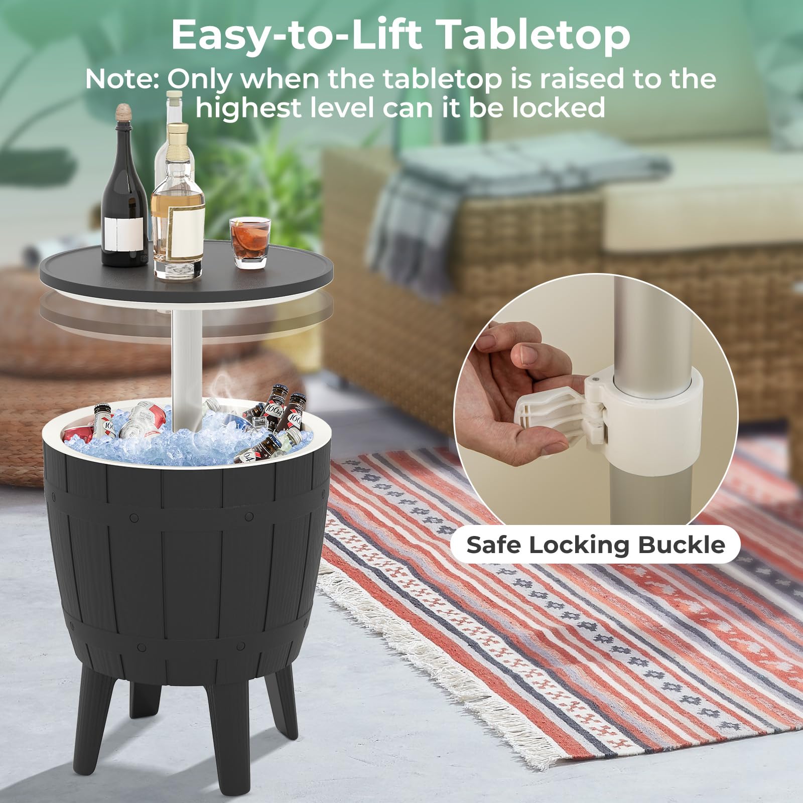 Giantex Cooler Side Table Outdoor, 10 Gallon Ice Cooler with Drainage Plug, Adjustable Height, 3-in-1 Cocktail Patio Par Table for Beer Wine Storage, Deck Pool Backyard Party, Taupe (Wood-Style)