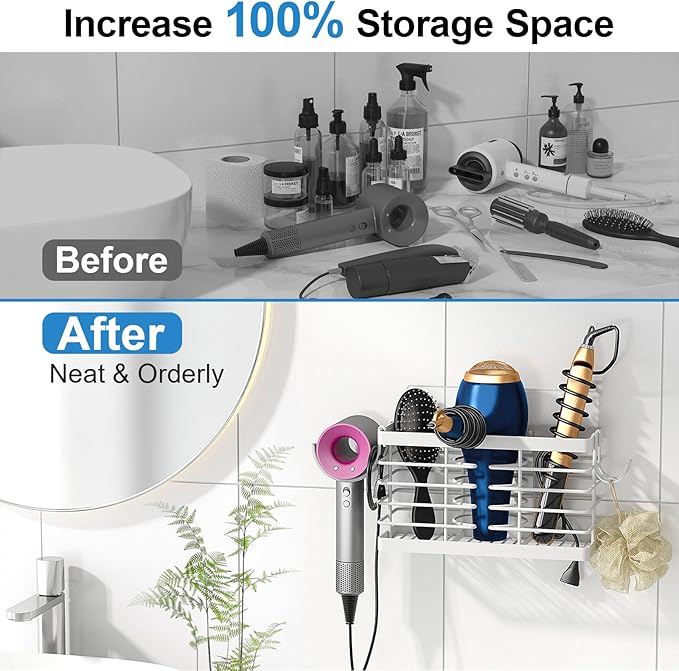 Hair Tool Organizer, 3-in-1 Universal Hair Dryer Holder, Adjustable Height Metal Blow Dryer Holder Wall Mounted/Over Cabinet Door/Free-Standing, Bathroom Organizer and Storage(White)