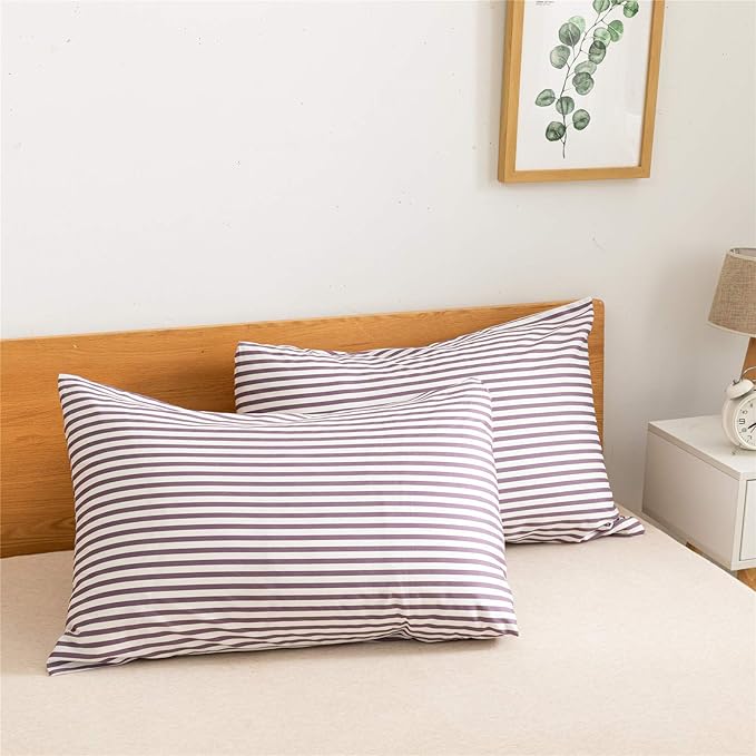 JELLYMONI 100% Natural Cotton 3pcs Striped Duvet Cover Sets,White Duvet Cover with Purple Stripes Pattern Printed Comforter Cover,with Zipper Closure & Corner Ties(King Size)