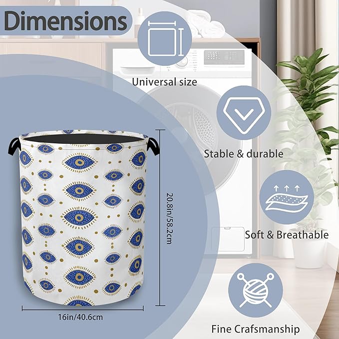 Evil Eyes Laundry Basket,Foldable Oxford Cloth Tote Bag Laundry Hamper Clothes Storage Bucket Organizer for Bedroom Laundry Storage Dormitories 16" x 20.8"