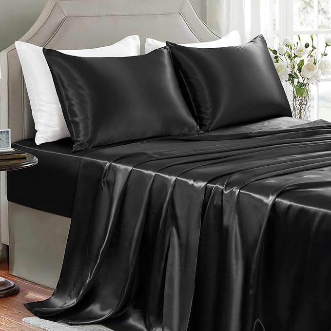 Satin Sheets California King Size - 4 Pieces Luxury Silky Soft Bed Sheets, Wrinkle-Free Black Satin Silk Sheet Set with 1 Deep Pocket Fitted Sheet, 1 Flat Sheet, 2 Pillow Cases