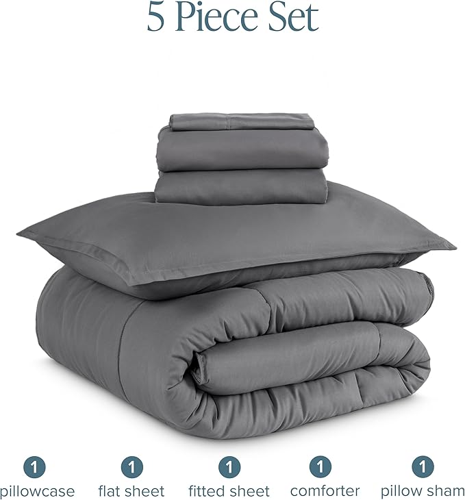 Bare Home Bed-in-A-Bag 5 Piece Comforter & Sheet Set - Twin XL - Goose Down Alternative - Ultra-Soft 1800 Premium Bedding Set (Twin XL, Grey/Grey)