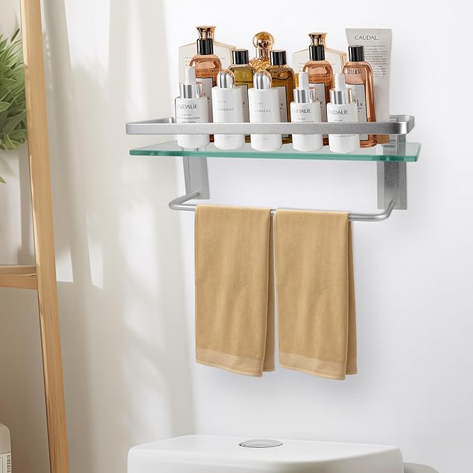 Bathroom Shelves with Towel Holder Rustproof 15.7'' Tempered Glass Shelf with Rails Wall Mounted Stainless Steel, Polished Chrome Decorative