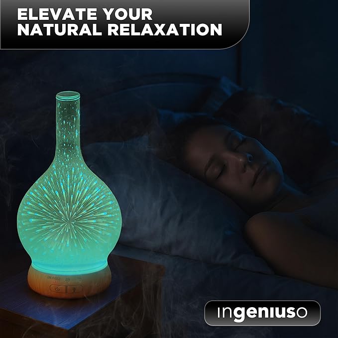 Aromatherapy Essential Oil Diffuser for Therapeutic Oils | 3D Glass Vase Cover with Colorful LED Light Display | Cool Mist Aroma Therapy Diffusers | Versatile Nightlight, Humidifier with Auto Shut-off
