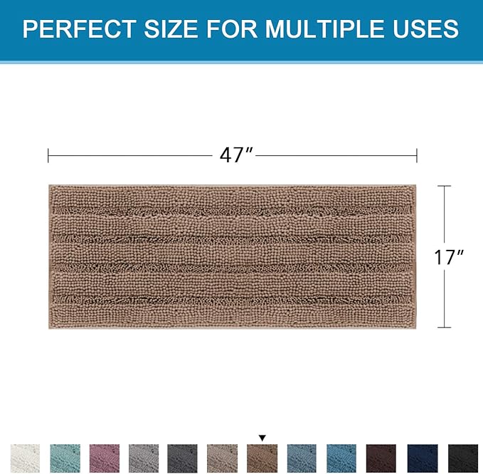 H.VERSAILTEX Bath Rugs for Bathroom Non Slip Bath Mats Extra Thick Chenille Striped Bath Rug Runners 47" x 17" Absorbent Fluffy Soft Shaggy Mats Dry Fast Plush Area Carpet for Bath Room - Taupe Brown