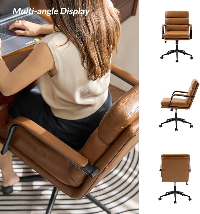 HULALA HOME Modern Faux Leather Home Office Chair with Tilt Lock & Metal Base, Desk Chair with Wheels & Padded Cushion, 360° Swivel Wide Seat Computer Task Chair, Camel