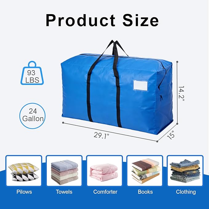 6 Pack Heavy Duty Moving Bags with Backpack Straps & Handles, Large Storage Bags with Zipper for Clothes, College Moving Supplies and Dorm Essentials (24 Gal, Blue)