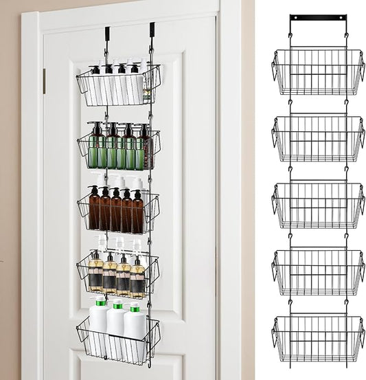 Over The Door Organizer – 5 Removable Hanging Baskets, Back of Door Storage for Bathroom, Kitchen, Pantry & Garage, No Tools Needed, 3 Installation Methods (Wall/Door Mount) Black