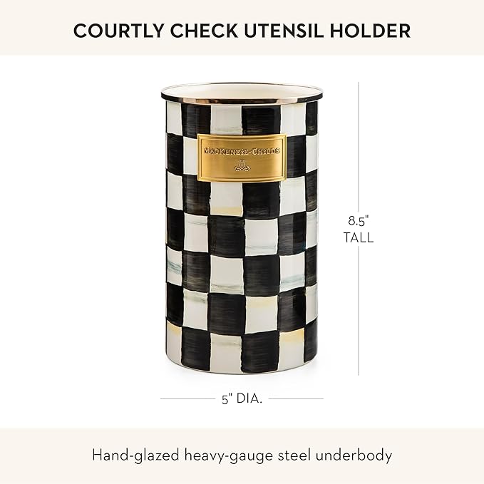 MACKENZIE-CHILDS Enamel Utensil Holder, Kitchen Utensil Holder for Countertop, Storage Caddy, Black-and-White Courtly Check