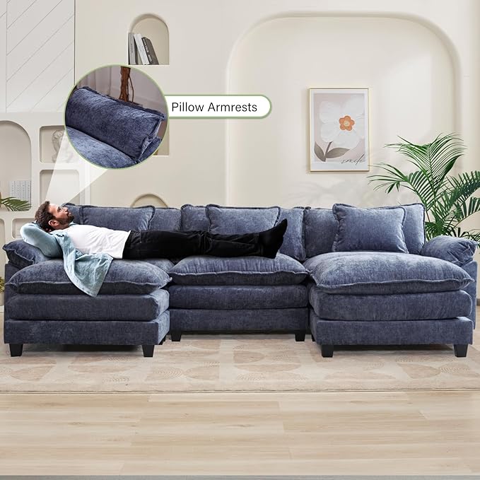 120" Modular Sectional Sofa, Comfy Cloud Couch Sectional Sofa with Ottoman, Chenille Sofa Sleeper Deep Seat Sofa with Throw Pillows for Living Room (Blue, 120"- U Shape)
