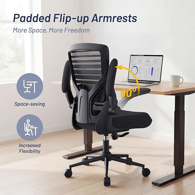Office Desk Chair for Long Hours & Lower Back Pain Relief – 4“ Thick Molded Foam Cushion, Enhanced Lumbar Support, Padded Flip-up Armrests, Black