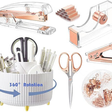 Desk Organizers and Accessories Set with 360-Degree Rotating Pen Holder, Acrylic Stapler, Tape Holder, Staple Remover, Binder/Paper Clips Kit, Scissor and 1 Box of Staples